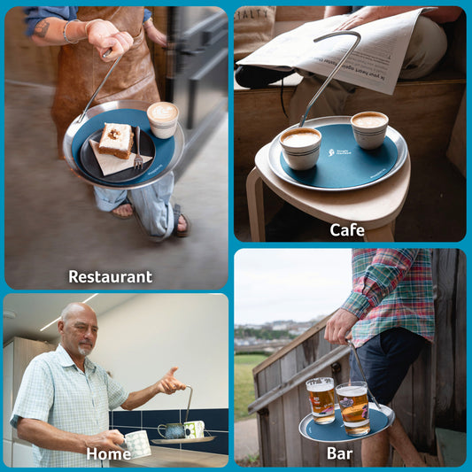 The Topple Tray in use in a restaurant, a cafe, a home and a bar