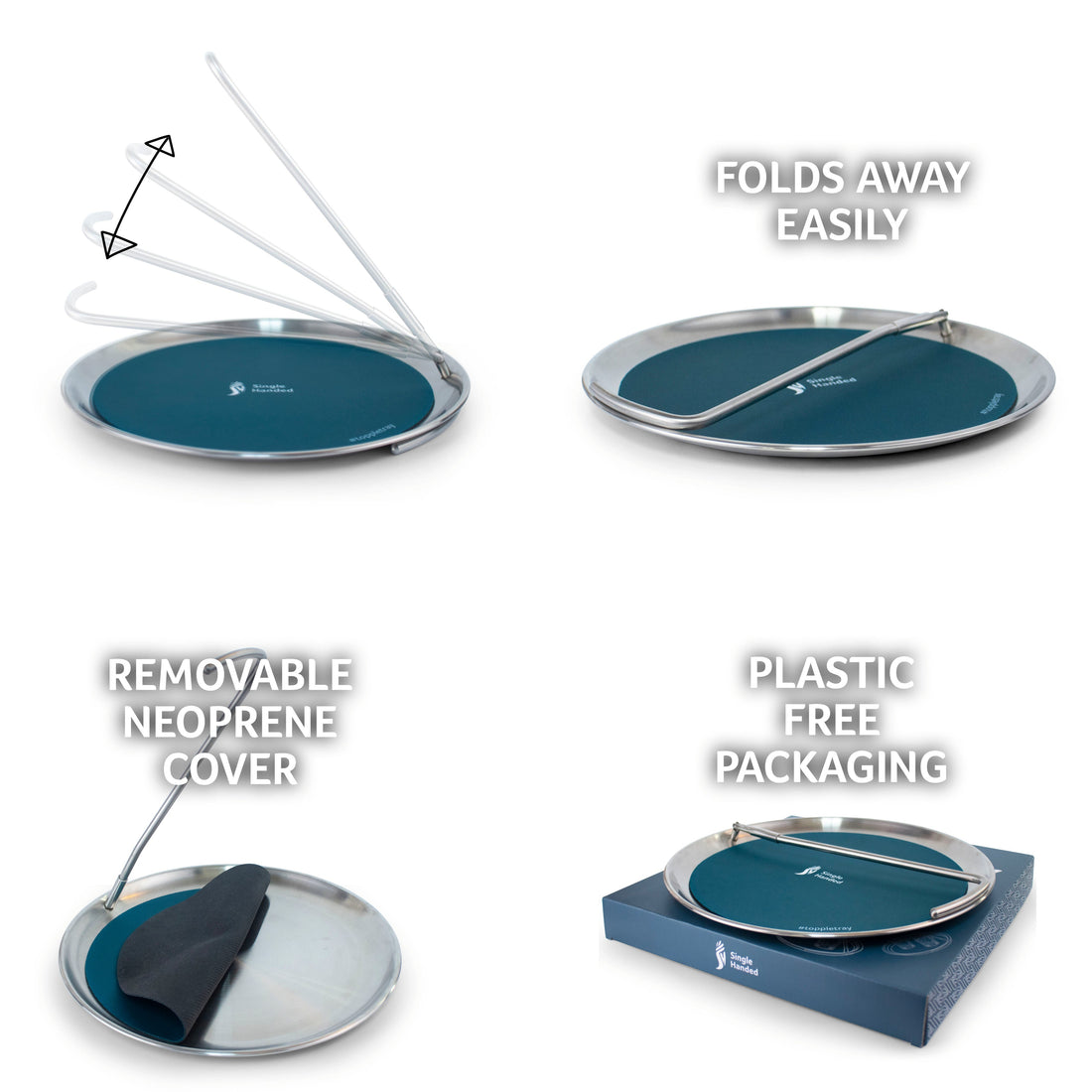 Topple Tray features: folds away easily, removable neoprene cover and plastic-free packaging