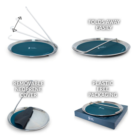 Topple Tray features: folds away easily, removable neoprene cover and plastic-free packaging