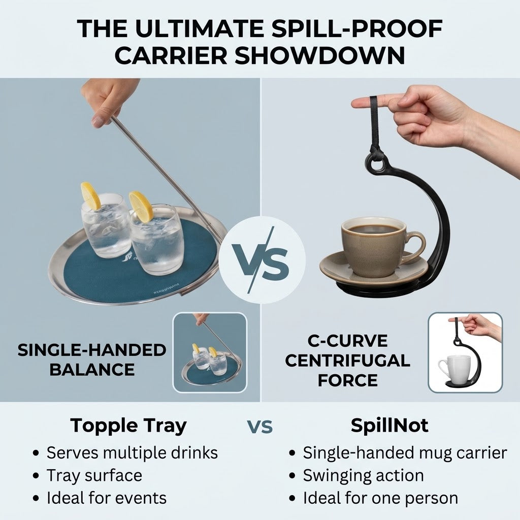 Topple Tray stainless steel single-handed serving tray vs SpillNot plastic spill-proof cup carrier comparison