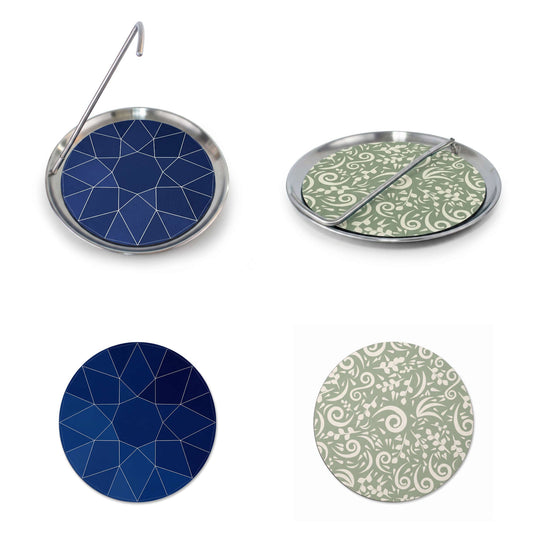 Topple Tray stainless steel serving tray shown with and without its neoprene mats