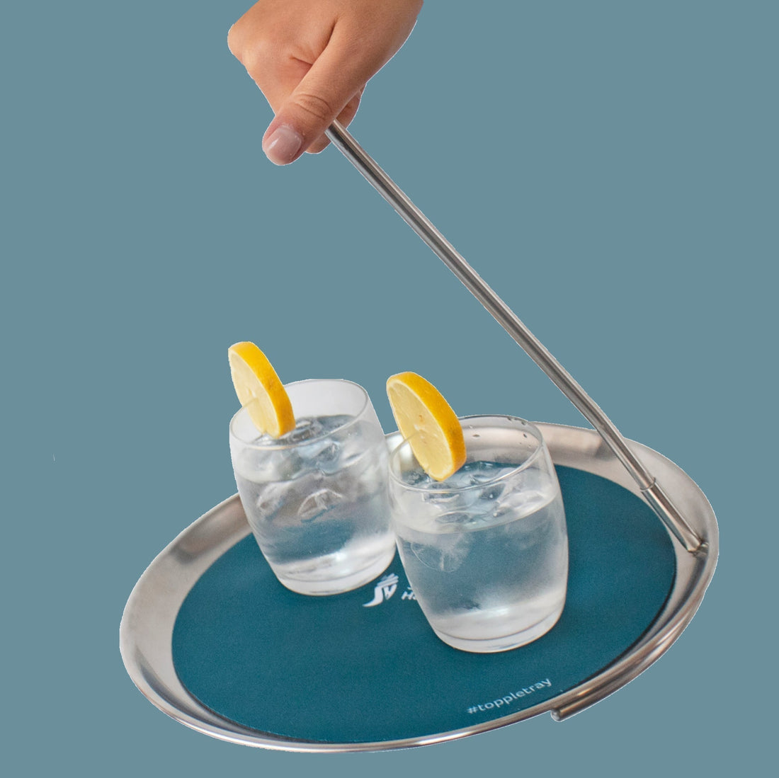 Topple Tray stainless steel one handed tray in a kitchen